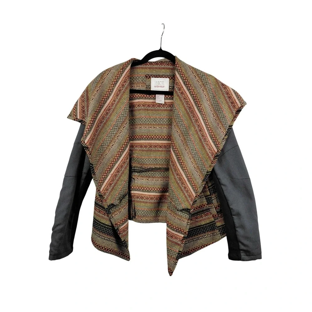 BKE‎ Outerwear Women's Geometric Print Waterfall Drape Jacket Gray Sleeve M